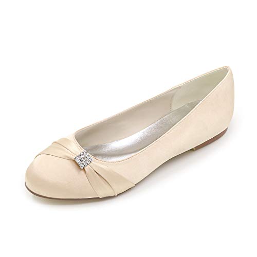 GGBLCS Damen Flache Brautschuhe Runde Zehen Ballerinas Satin Plissee Strass Hochzeitsschuhe 9872-07,Champagne,41 EU von GGBLCS