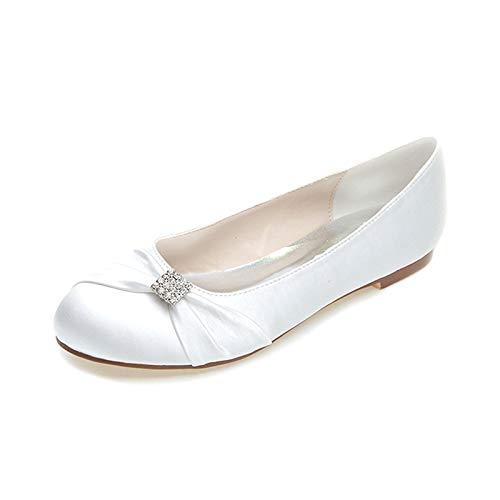 GGBLCS Damen Flache Brautschuhe Runde Zehen Ballerinas Satin Plissee Strass Hochzeitsschuhe 9872-07,Weiß,38 EU von GGBLCS