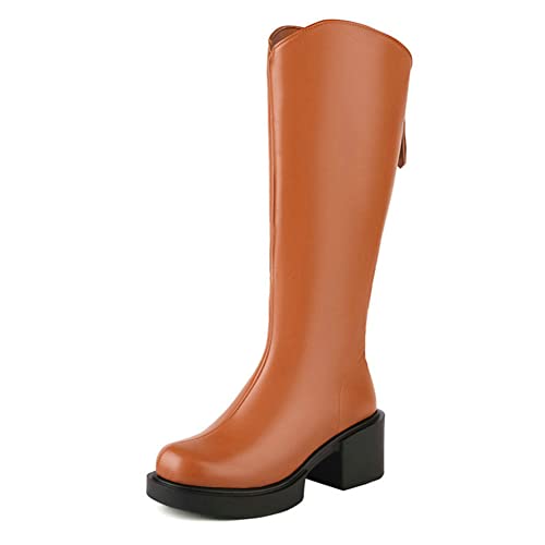 GGBLCS Damen Kniehohe Reitstiefel Mit Blockabsatz Runder Zehen Kunstleder Winter Langschaft Stiefel,Orange,36 EU von GGBLCS