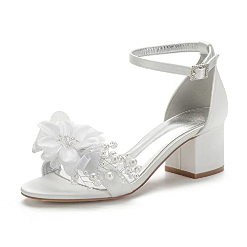 GGBLCS Damen Knöchelriemen Hochzeitsschuhe Blockabsatz Satin Blumenperlen Offene Zehen Party Brautschuhe 702-5,Elfenbein,41 EU von GGBLCS