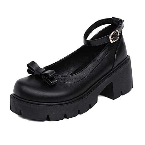 GGBLCS Damen Knöchelriemen Mary Jane Schuhe Blockabsatz Plateau Runde Zehe Lolita Oxford Schuhe Mit Schleifen,Schwarz,38 EU von GGBLCS