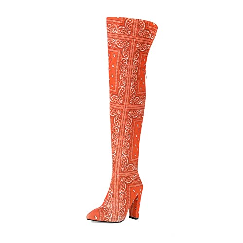 GGBLCS Damen Overknee Stiefel Mit Blockabsatz Stretch Winter Overknee Stiefel Mit Reißverschluss,Orange,41 EU von GGBLCS