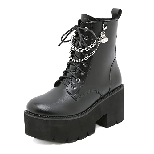 GGBLCS Damen Plateau Combat Stiefeletten Mit Blockabsatz Schnür Motorradstiefel Mit Kette,Schwarz,40 EU von GGBLCS