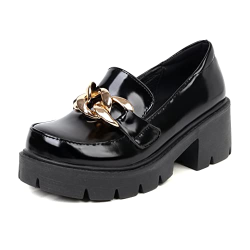 GGBLCS Damen Plateau-Loafer Mit Blockabsatz Und Kette Lackleder Oxford Schuhe,Black patent,38 EU von GGBLCS