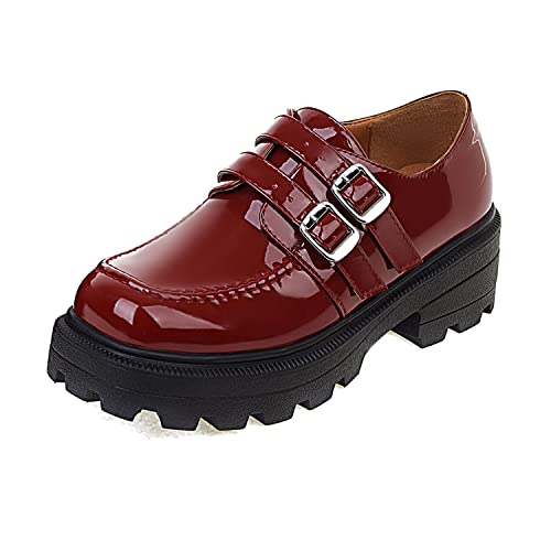 GGBLCS Damen Runde Zehen Lackleder Loafer Blockabsatz Plateau Schuluniform Oxford Schuhe,Rot,42 EU von GGBLCS