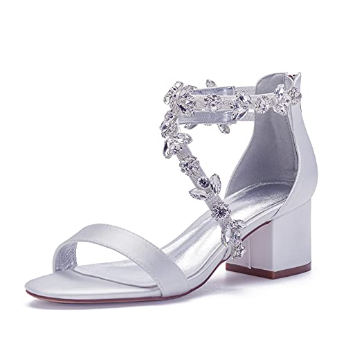 GGBLCS Damen Satin Hochzeitsschuhe Blockabsatz 5.5Cm Riemchensandalen Strass Offene Zehen Brautschuhe,Weiß,42 EU von GGBLCS