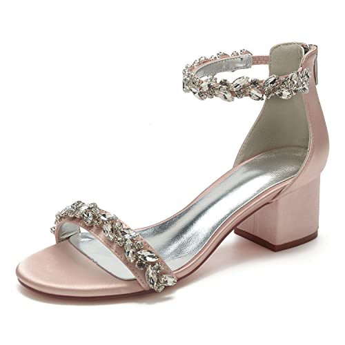 GGBLCS Frauen Strass Brautschuhe Sandalen Niedriger Blockabsatz Knöchelriemen Offene Zehen Satin Hochzeit Prom Schuhe 702-24,Blush,40 EU von GGBLCS