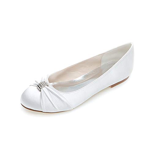 GGBLCS Hochzeitsschuhe Flache Damen Geschlossener Zehen Ballerinas Satin Strass Party Brautschuhe Größe 9872-06,Weiß,38 EU von GGBLCS