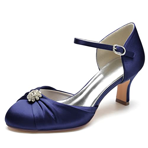 Hochzeit Brautschuhe Damen Geschlossene Zehe Pumps Niedrigem Absatz Knöchelriemen Satin Strass Mary Jane Schuhe 36862-11,Marine,40 EU von GGBLCS