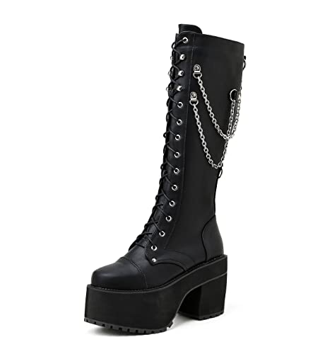 Kniehohe Schnürstiefel Damen Blockabsatz Plateau Gothic Punk Combat Boots Mit Kette,Schwarz,36 EU von GGBLCS