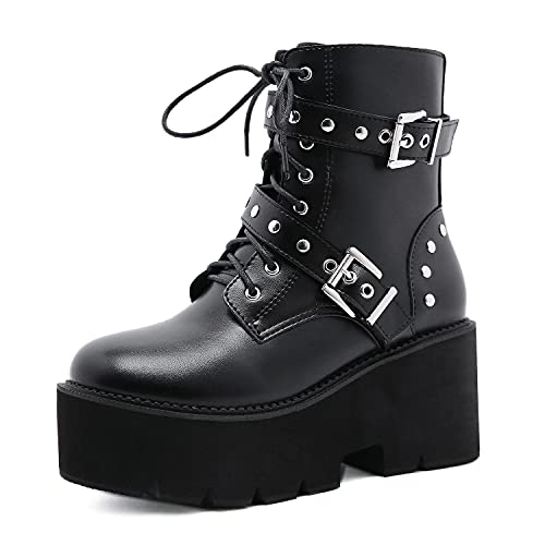 Plateau Schnürstiefeletten Blockabsatz Damen Rivet Schnallenriemen Gothic Punk Combat Biker Stiefel,Schwarz,40 EU von GGBLCS