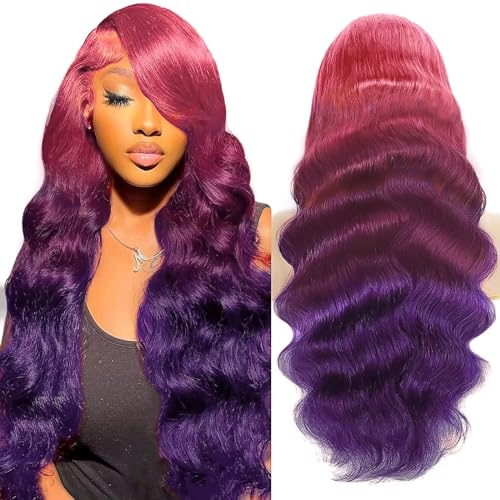 Ombré-Perücke, 33 x 10,2 cm, gewellt, Echthaar, 55,9 cm, Ombré-Front-Perücke, klebefrei, 3 Farbtöne von Rosa bis Dunkellila, für modische Frauen, 180 % von GGEDUO