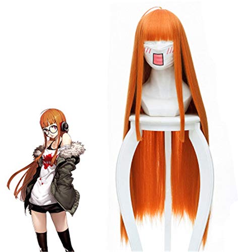 Anime Persona 5 Futaba Sakura Perücke Cosplay Kostüm Frauen Orange Langes Glattes Haar Synthetisches Haar Halloween Party Rollenspiel Perücken von GGJKB
