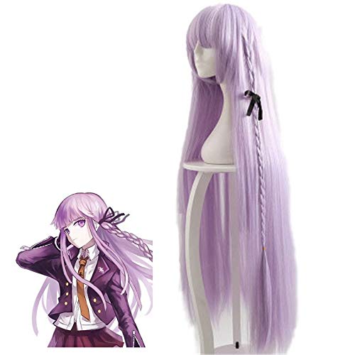 Dangan Ronpa Kyouko Kirigiri Lila Cosplay Perücke mit Strickgeflecht Pferdeschwanz 100cm lange gerade synthetische Haar Party Kostüm Perücke von GGJKB