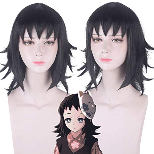 Kimetsu No Yaiba Makomo Cosplay Perücke Klinge der Dämonentöterin Schwarz Kurzes Kunsthaar Halloween Kostüm Perücken Erwachsener + Kostenlose Perückenmütze von GGJKB