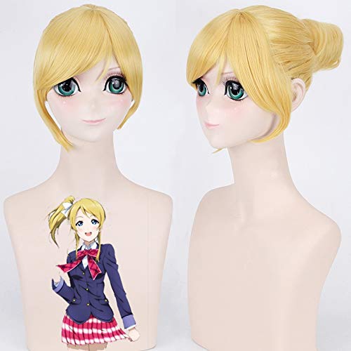 Liebe Live Ellie Golden Blonde Kurze Cosplay Perücken für Frauen Hitzebeständiges Kunsthaar Anime Kostüm Eli Ayase Perücke mit Brötchen von GGJKB