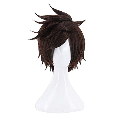 OW Over Watch Tracer Cosplay Perücken Kurze dunkele hitzebeständige Faser Haare Peruca Cosplay Anime Kostüm Perücke KUMZ9300 von GGJKB