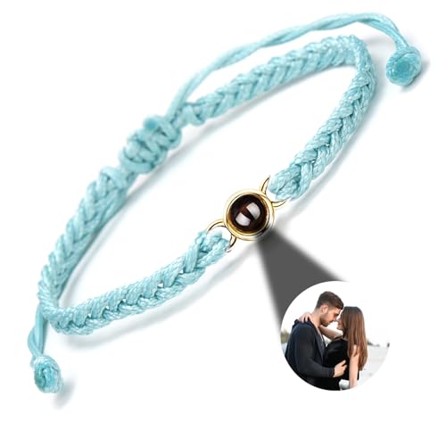 GGKAFACOI Projektion Armband Foto,Personalisiertes Projektions Armband mit Foto, maßgeschneidertes Armband mit Bild im Stein für Paare,Freund & Freundin (Blaues Armbänder + Gold) von GGKAFACOI