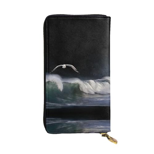 GGNKDL Damen-Geldbörse mit Möwen und Wellen-Druck, Leder, lange Handheld-Geldbörse, großes Fassungsvermögen, Kreditkarten-Reißverschlusstasche von GGNKDL