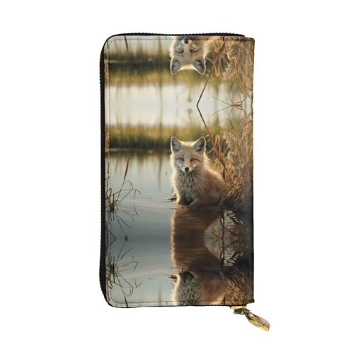 GGNKDL Fox in the Water Printing Damen-Geldbörse aus Leder, lange Handtasche, großes Fassungsvermögen, Kreditkarten-Reißverschlusstasche von GGNKDL