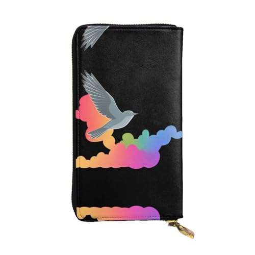 GGNKDL Lange Damen-Geldbörse aus Leder, Motiv: fliegende Tauben unter bunten Wolken, großes Fassungsvermögen, Kreditkarten-Reißverschlusstasche von GGNKDL