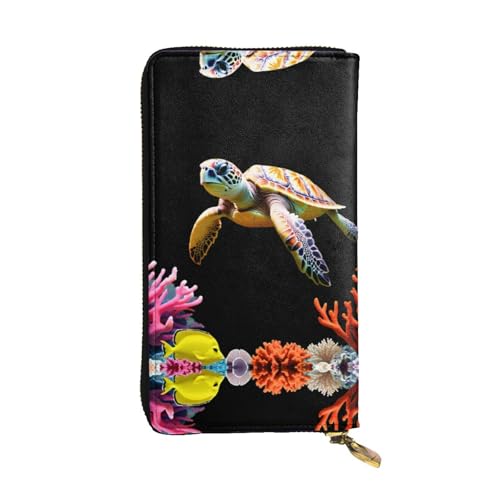 GGNKDL Langes Portemonnaie aus Leder mit Korallenboden, Motiv: Meeresschildkröte, große Kapazität, Kreditkarten-Reißverschlusstasche von GGNKDL