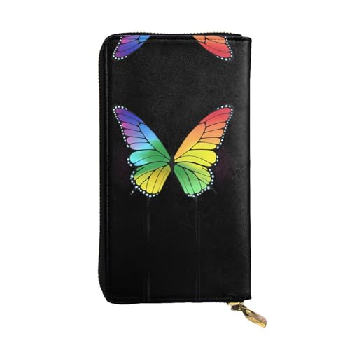 GGNKDL Langes Portemonnaie aus Leder mit Regenbogenfarben-Schmetterlings-Aufdruck, großes Fassungsvermögen, Kreditkarten-Reißverschlusstasche von GGNKDL