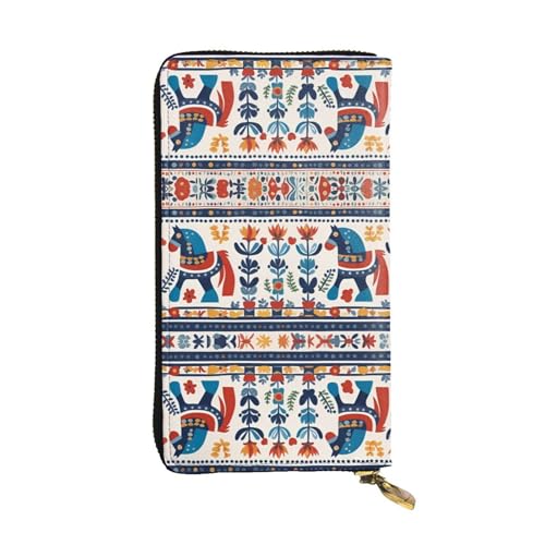 GGNKDL Langes Portemonnaie mit schwedischem Dala-Pferd-Motiv, Leder, große Kapazität, Kreditkarten-Reißverschlusstasche von GGNKDL