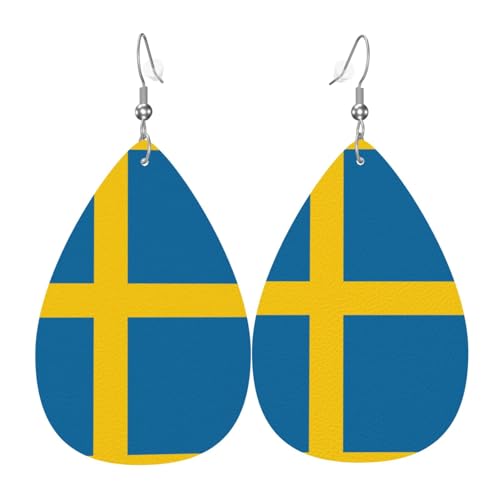 GGNKDL Ohrringe mit schwedischer Flagge, Wassertropfen-Anhänger und Leder-Ohrringe, geeignet als Feiertagsgeschenk für Frauen von GGNKDL