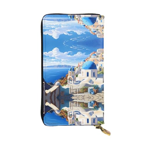 GGNKDL Santorini Damen-Geldbörse aus Leder mit griechischer Insel und Meerblick, lange Handtasche, großes Fassungsvermögen, Kreditkarten-Reißverschlusstasche von GGNKDL