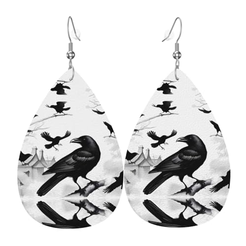 GGNKDL Schwarze Krähenvogel-Drucke, Wassertropfen-Anhänger und Leder-Ohrringe, geeignet als Feiertags-Geburtstagsgeschenk für Frauen von GGNKDL