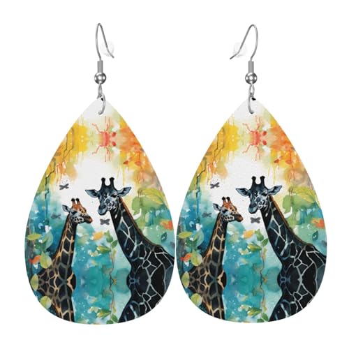 GGNKDL Wasserfarben-Giraffen-Drucke, Wassertropfen-Anhänger und Leder-Ohrringe, geeignet als Urlaubsgeschenk für Frauen von GGNKDL