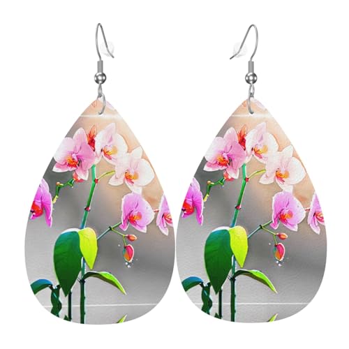 GGNKDL Wasserfarben-Orchideen-Drucke, Wassertropfen-Anhänger und Leder-Ohrringe, geeignet als Urlaubsgeschenk für Frauen von GGNKDL