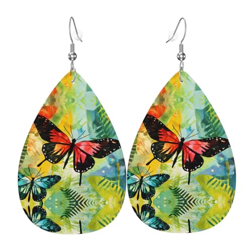 GGNKDL Wasserfarben-Schmetterlings-Drucke, Wassertropfen-Anhänger und Leder-Ohrringe, geeignet als Urlaubsgeschenk für Frauen von GGNKDL