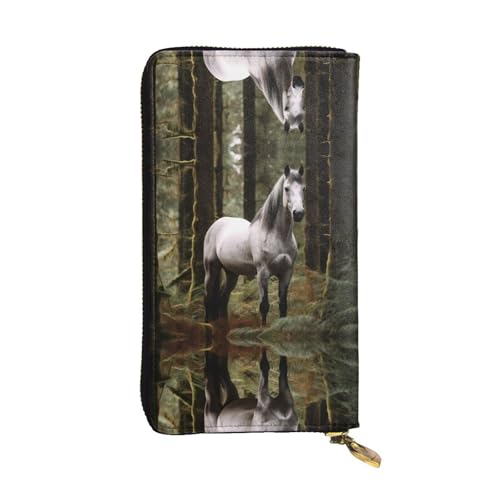 GGNKDL Weißes Pferd im Dschungel-Druck, lange Damen-Geldbörse, Leder, große Kapazität, Kreditkarten-Reißverschlusstasche von GGNKDL
