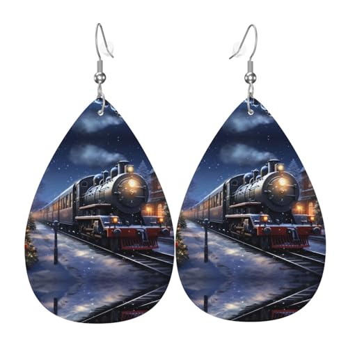 GGNKDL Winter Weihnachten Schnee Nacht Eisenbahn Zug Drucke Wassertropfen Anhänger Ohrringe und Leder Ohrringe, geeignet als Urlaub Geburtstag Geschenke für Frauen von GGNKDL