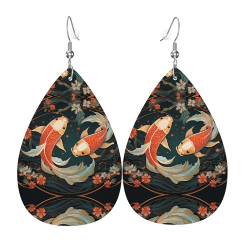 GGNKDL Zwei Koi-Karpfen-Drucke, Wassertropfen-Anhänger und Leder-Ohrringe, geeignet als Feiertags-Geburtstagsgeschenk für Frauen von GGNKDL
