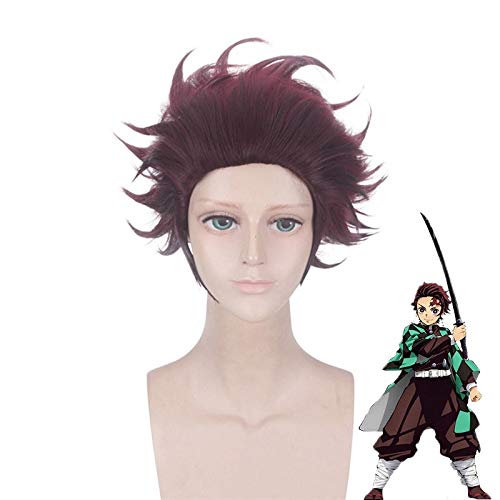 Demon Slayer: Kimetsu no Yaiba Tanjiro Kamado Short Chestnut Brown Heat Resistant Hair Cosplay Costume Wig MZ-1374 von GGOII