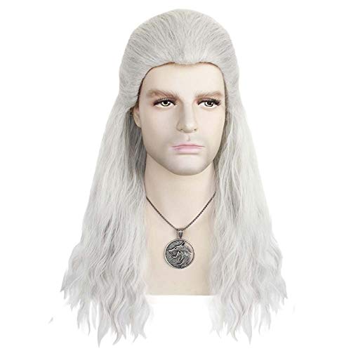 Geralt Z Rivii Perücke Lange Wasserwelle Silber Weiß Synthetische Cosplay Perücke Halloween Kostüm Perücke Mit Zubehör Für Männer AG-997 von GGOII