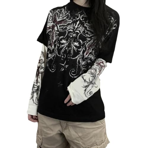 Goth Shirt Gothic Shirt Fake Zweiteilige Alternative Kleidung Goth Langarm Top Grunge Kleidung, Schwarz, Klein von GGOOB