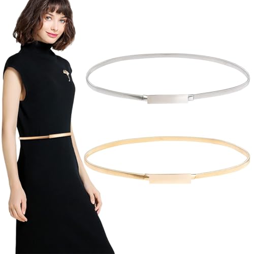 2 Stücke Damen Dünner Metallgürtel, Schmaler Metall Taillengürtel,Elastischer Schmaler Kettengürtel Verstellbarer Kleid Cinch Gürtel dünne Gürtel für Meisten Anlässe wie Hochzeiten(Gold, Silber) von GGUFAY