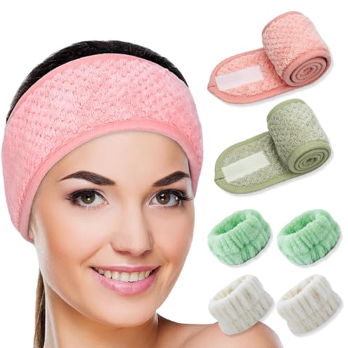 4 Stück Kosmetik Haarband Damen, Haarband Schminken Spa Stirnband Frottee und Handgelenk-Waschbänder Abschmink Haarband Verstellbare Haarschutzband mit Klettverschluss für Gesicht Waschen Sport Yoga von GGUFAY