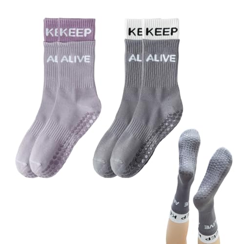 GGUFAY 2 Paar Pilates Socken, Yoga Socken Damen, Rutschfeste mit Noppen, KEEP ALIVE Schriftzug, Antirutsch Stoppersocken Damen für Schwangere und Fitness von GGUFAY