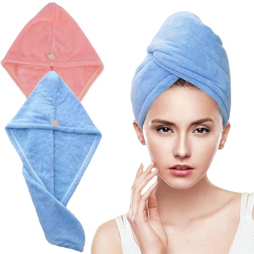 GGUFAY 2 Stück Mikrofaser Handtuch Haare, Turban Handtuch mit Knopf (großes Doppellagiges Verdicktes),Extra Saugfähig,Für Alle Haartypen Frauen(Rosa Blau) von GGUFAY