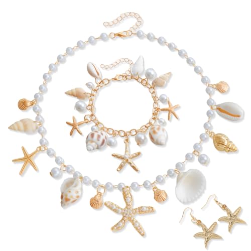 GGUFAY 3 Stück Frauen Meerjungfrau Kostüm Schmuck Set, Boho Quaste Körperschmuck Seestern Muschel Halskette Armband Perlen Seestern Haarspange Ohrringe Strandschmuck für Karneval GGUFAY 3 Stück Frauen Meerjungfrau Kostüm Schmuck Set, Boho Quaste Körperschmuck Seestern Muschel Halskette Armband Perlen Seestern Haarspange Ohrringe Strandschmuck für Karneval von GGUFAY