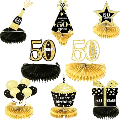 GGUFAY 50. Geburtstag Mann Schwarz Gold, 8 STK 50. Geburtstag Bienenwaben Deko, 50.Geburtstag Tischdeko für Männer Frauen, 50 Geburtstag Party Deko (Schwarz Gold) von GGUFAY