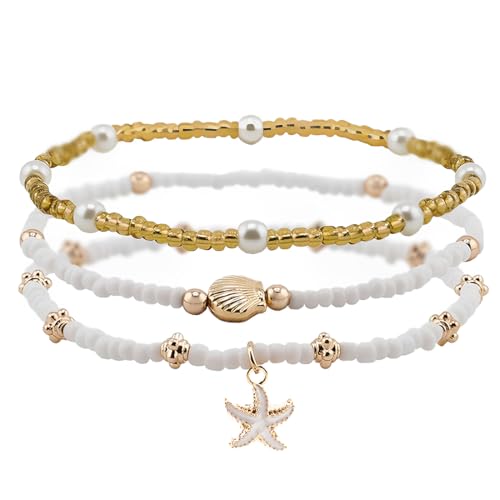 GGUFAY Dreilagiges Fußkettchen im Boho-Stil aus Seestern und mit Muscheln, Knöchel-Armbänder, geschichtet und verwoben, Fußketten für Damen und Mädchen von GGUFAY