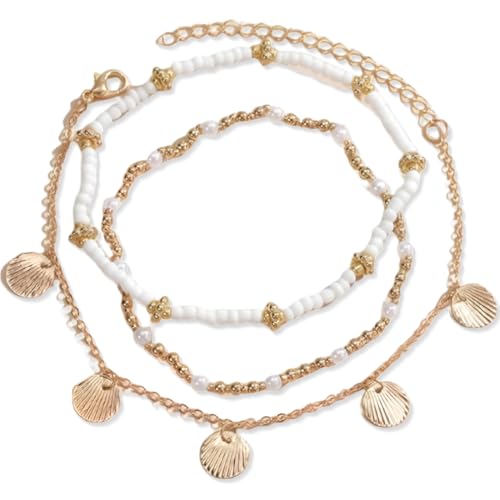 GGUFAY Dreilagiges Fußkettchen im Boho-Stil aus mit Muscheln, Knöchel-Armbänder, geschichtet und verwoben, Fußketten für Damen und Mädchen von GGUFAY