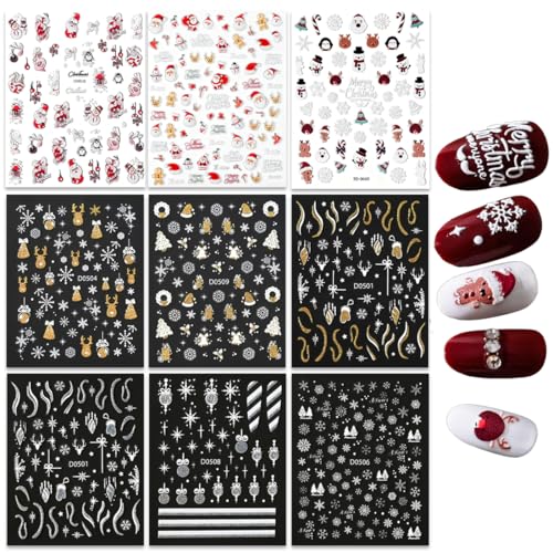 GGUFAY Nagelsticker Weihnachten, 3D- und Glitzer-Styles, 9 Blatt Nagelaufkleber Selbstklebend Weihnachtsbaum mit Schneeflocken Nail Art Sticker Dekoration Nageldesign Zubehör von GGUFAY
