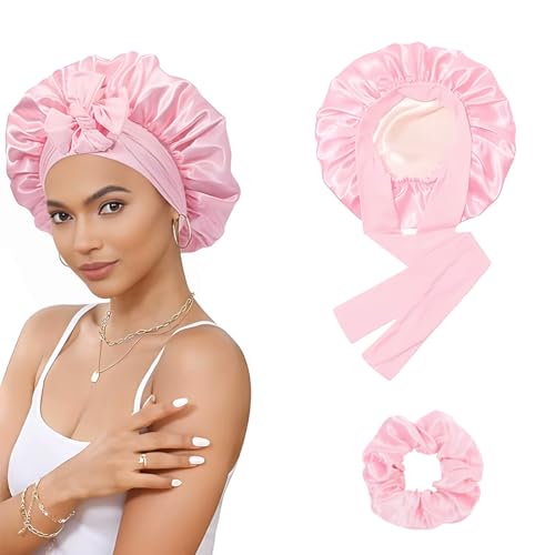GGUFAY Schlafmütze für Damen, lang, Satin-Zopfmütze, Seiden-Schlafmütze mit Gummiband, Schlafmütze für langes, lockiges Haar von GGUFAY